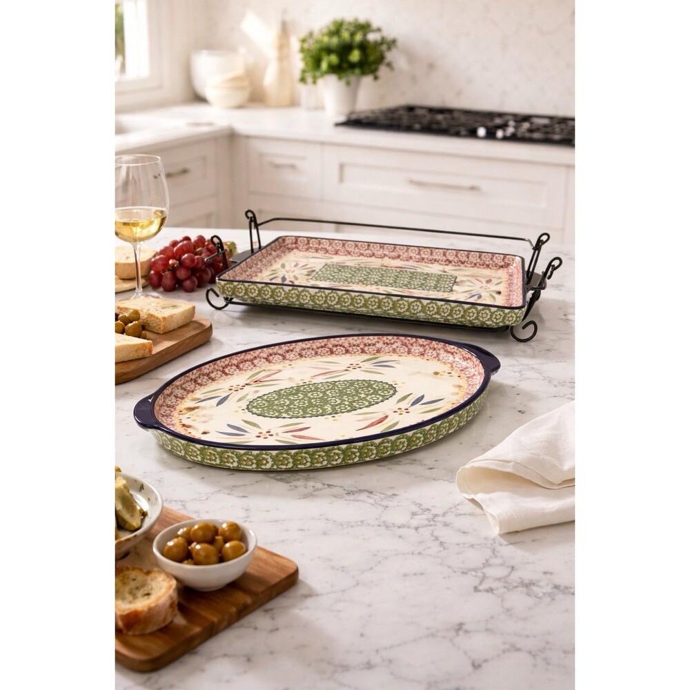 Temptations Old World Hand Painted Ceramic Platters Ovenwear Set w/ Metal Racks